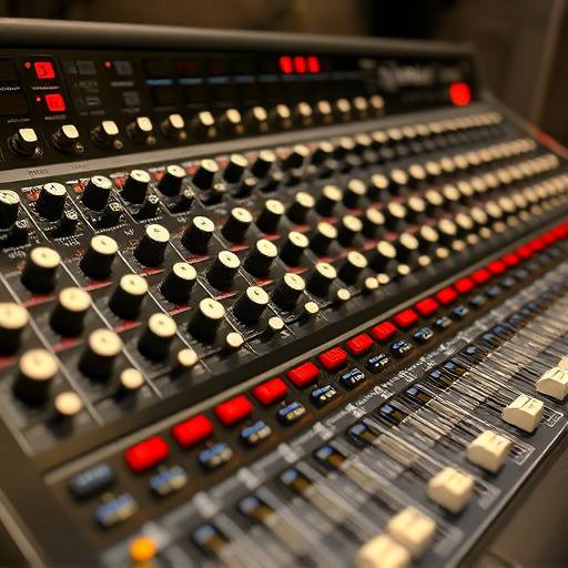 SSL AWS 900+ SE コンソール、多数のノブとフェーダーが並ぶ様子