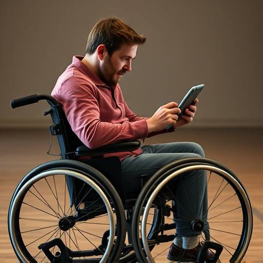 タブレット端末を操作する、車椅子に乗った人物