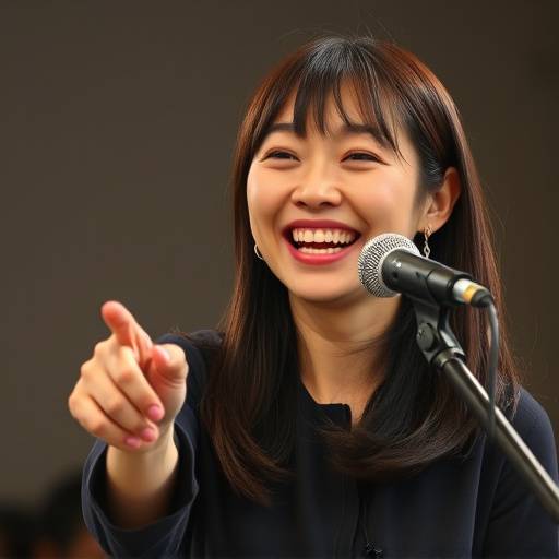 伊藤 綾乃氏、笑顔でマイクを指差す女性