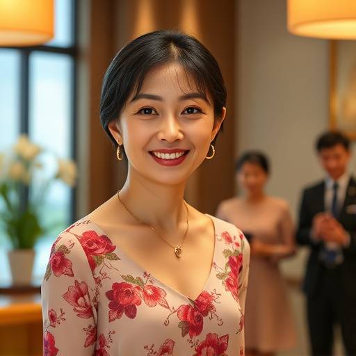 山本 恵氏、受付でゲストを歓迎する女性