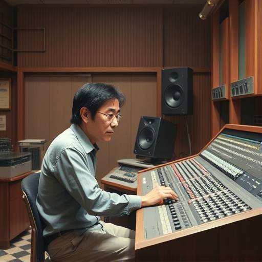 嵯峨野 雅彦氏が初期のスタジオでミキシングコンソールを操作している様子