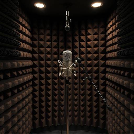 防音されたレコーディングブース、ボーカル録音用のマイクが設置されている様子